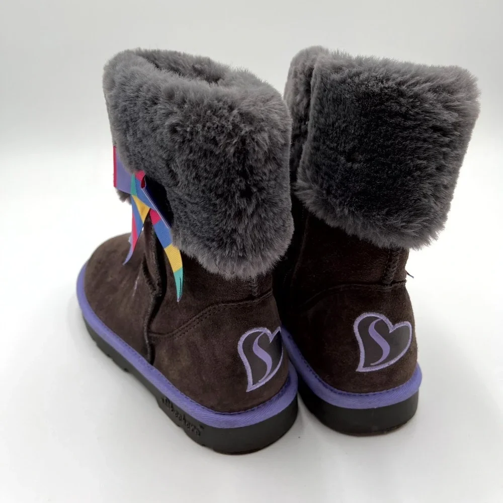 Skechers Winter Ankle Boots Girls 4 Dark Brown Suede Faux Fur Round Toe Side Zip